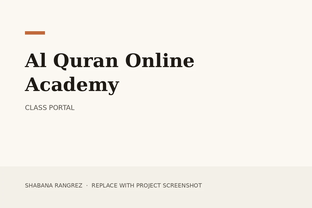 Al Quran Online Academy portal showing a weekly class schedule and student progress notes